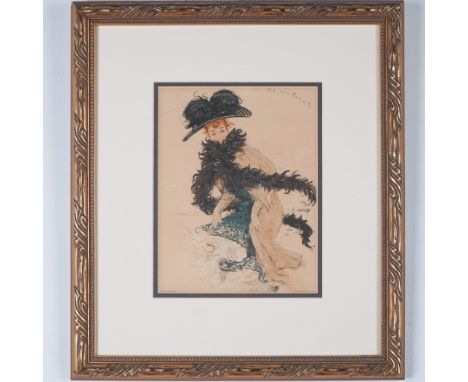 A striking lithograph by Belgian-fFrench artist Jan van Beers, depicting a fashionable lady in a lavishly adorned hat and flo