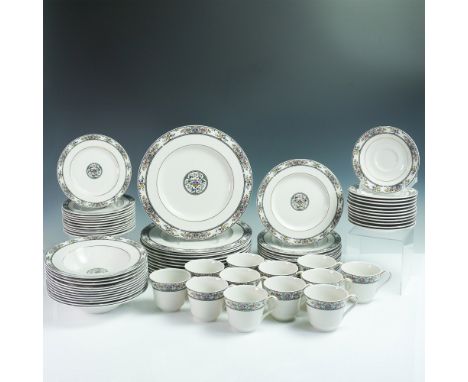 Beautiful 72-piece Royal Doulton Tavistock fine china dinnerware set.  featuring a vibrant floral border with intricate black