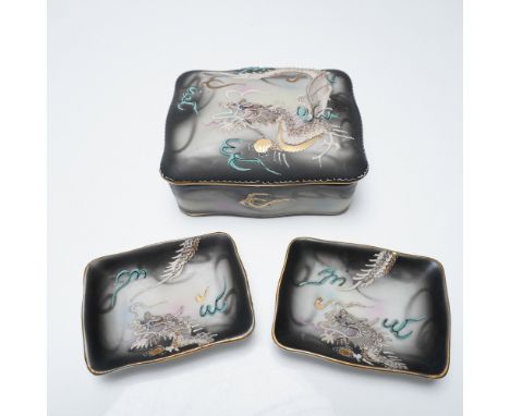 Vintage hand-painted Moriage Dragonware trinket box with matching dishes, made in Occupied Japan. This striking set features 