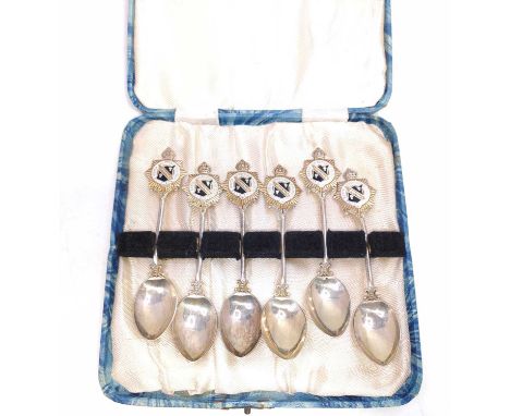 A solid silver and enamel set of 6 military teaspoons, with crest for the North Western Railway of India, English Hallmarks i