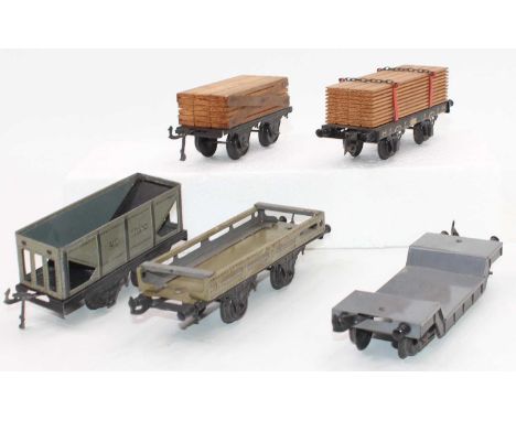 5x assorted Bing wagons including 1920s small timber with load (G), 20 tons hopper wagon (G), open carriage truck (AV), Well 