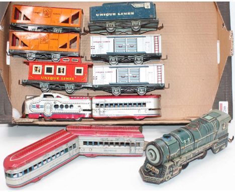 Large tray of American ‘Unique Lines’ items: 0-4-0 loco and tender no.1950 electric mechanism, 3-rail power collection, with 