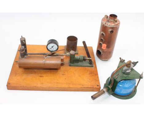 Various Live steam components, to include model boiler test rig, centre flue marine boiler and gas burner with a part complet