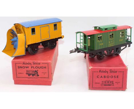 Hornby 1936-40 plain yellow snowplough on black standard base, blue lined plough and roof, no lamp, fixed doors, left hand th