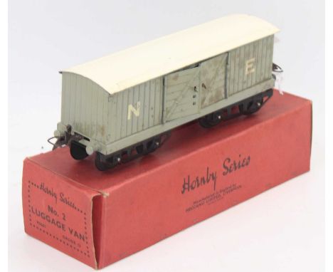 1939 Hornby No.2 Luggage Van NE black base, light grey body, white ‘NE’ white roof (E) (BE)