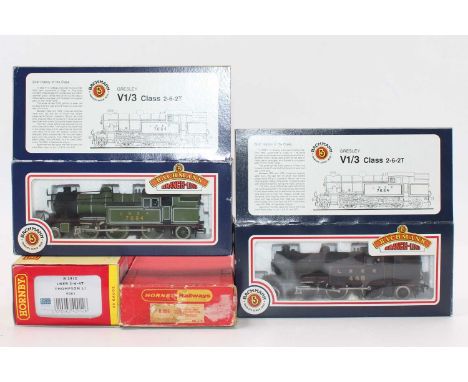 Four tank locos: Bachmann V1/3 2-6-2 LNER 448 lined black (M-BM); another LNER 7684 lined green (E-BE); Hornby R2912 LNER Tho