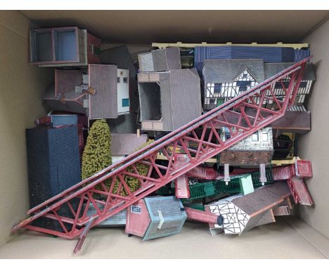 Large box containing OO gauge buildings as removed from layout including Hornby Dublo plastic 4-road engine shed, platform an