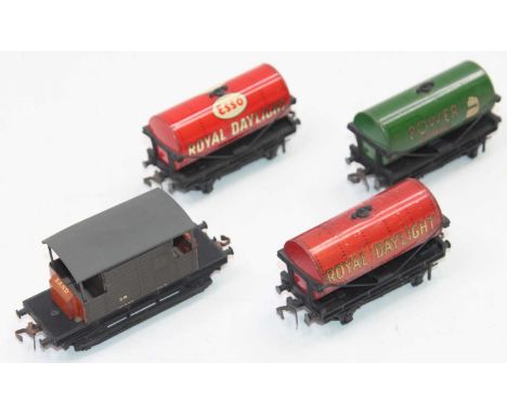 A Hornby Dublo SR brake van, brown with red ends (VG-E), a Power Ethyl tanker with 'Hand' emblem (VG), a Royal Daylight tanke