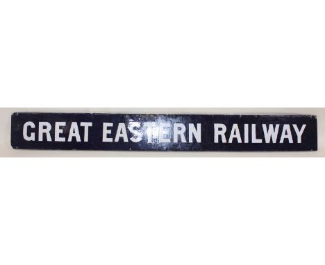 A quad royal enamel post header sign, white on dark blue example to read Great Eastern Railway, heavily restored, fully mount