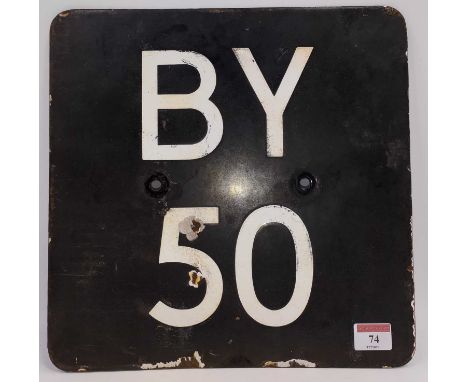 Original enamel railway signal identification plate, ex signal BY50 located at the end of Cambridge platform, measurements 31
