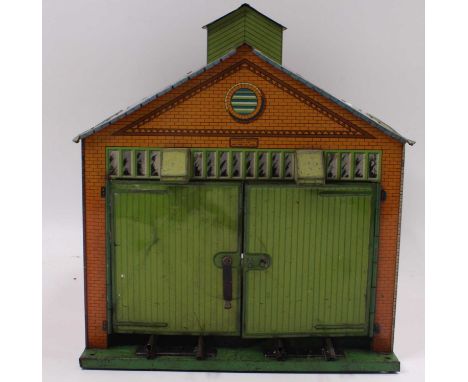 1928-33 Hornby No.1 Engine Shed, green base, yellow ridge tiles, inside of doors plain, all doors with some creases, window s