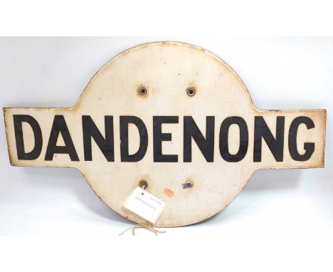 Australian Railway Enamel Station Target Sign, "Dandenong" black on white enamel, the station is a suburb of Melbourne in Vic