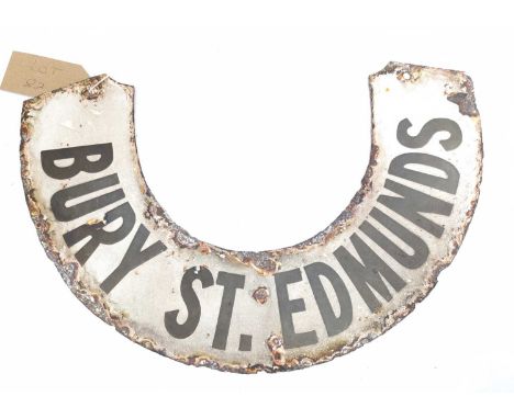 Original enamel lamp horseshoe sign, black lettering on white to read "Bury St Edmunds", very rare example, in original condi