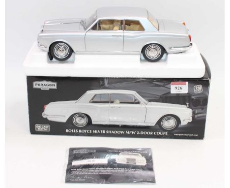 A Paragon Models 1/18 scale boxed model of a Rolls Royce Silver Shadow MPW 2-door coupe finished in silver, housed in the ori