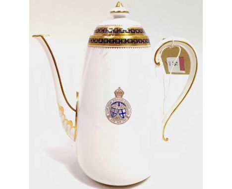 A Copeland Spode Porcelain Coffee Pot, white ground, decorated with blue and gilt decoration, with the Crest of the Great Ind