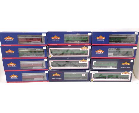 Twelve Bachmann coaches: six Bulleid Southern 63 ft green coaches; 3 Southern green including restaurant and miniature buffet