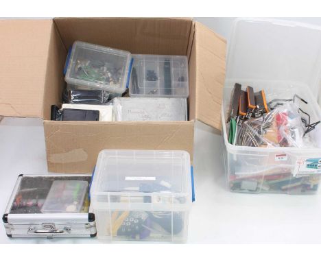 Two boxes containing very large quantity of items from a modellers workshop including 3x Marklin Mini Club controllers, tools