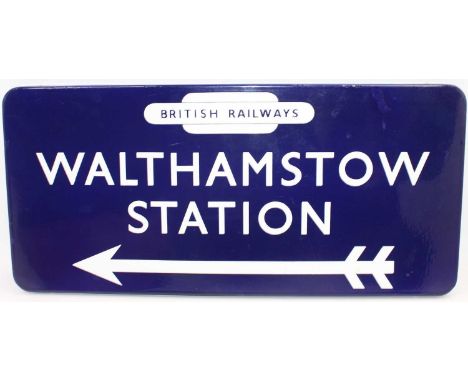 An original British Railways Eastern Region Station Directional Enamel Sign for Walthamstow, white on blue background with Br