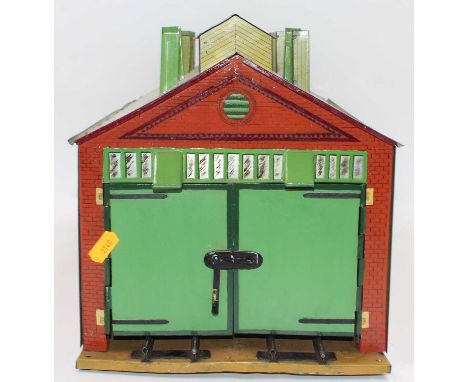 1928-33 Hornby No.2 Engine Shed, yellow/cream base, yellow ridge tiles, inside of doors printed, clockwork track. Silvering o