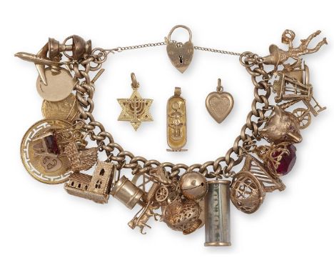 A GEM-SET AND GOLD CHARM BRACELETThe curb-link bracelet with security chain, suspending 26 assorted charms, including a heart