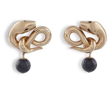 A PAIR OF GOLD, JADE AND ENAMEL EARRINGS, BY BOUCHERON, CIRCA 2012Each of snake design, the eyes in black enamel, suspending 