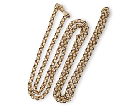 A GEORGIAN STYLE REVIVALIST GUARD CHAIN, CIRCA 1950The gold belcher-link chain decorated throughout with star motifs, to a gl