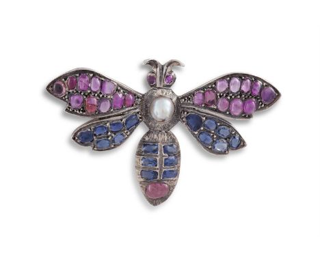 A SAPPHIRE AND PEARL BUTTERFLY BROOCHThe stylised butterfly set throughout with cushion-cut and cabochon coloured sapphires, 