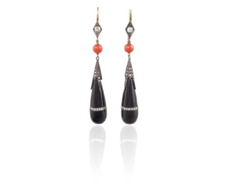 A PAIR OF ONYX, DIAMOND AND CORAL PENDENT EARRINGS, CIRCA 1920Each onyx drop split by a single-cut diamond row and capped by 