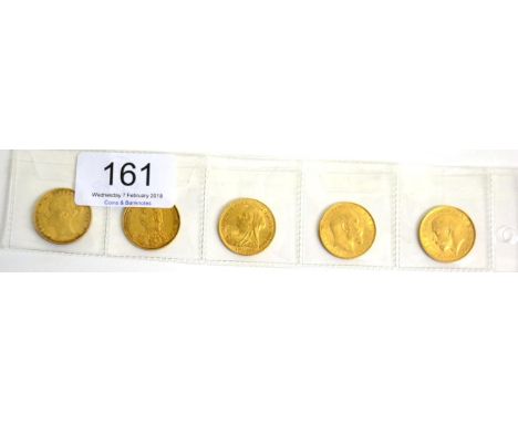 5 x Sovereigns: 1884, 1887M JH, 1896, 1910 & 1913, all with light contact marks AVF or+
