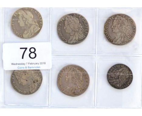 George II, 5 x Shillings comprising: 1734 roses & plumes in angles AFine/GFine, 1743 roses in angles GFine, 1745 LIMA obv met