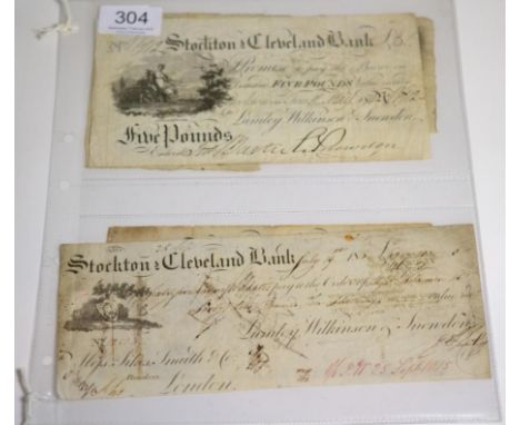 4 x Provincial Banknotes comprising: Stockton & Cleveland Bank £5 1814 for Lumley, Wilkinson & Snowden with official bankrupt