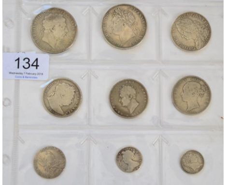 9 x Miscellaneous English Silver Coins comprising: 2 x crowns: 1819 LX contact marks, scratches & edge faults VG & 1821 SECUN