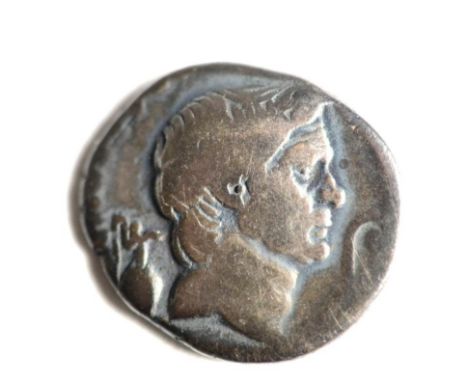 Roman Imperial: Sextus Pompey (Younger Son of Pompey the Great) Silver Denarius: obv. (MAG PIVS IMP ITER) bare head of Pompey