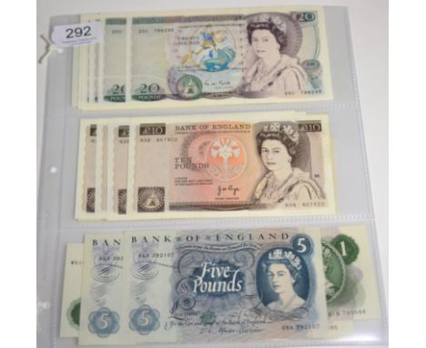 A Collection of Bank of England Notes comprising: a consecutively numbered run of 5 x £20 Gill  Series D 'Pictorial' Issue 20