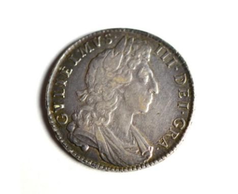 William III, Halfcrown 1697 NONO, first bust, large shields, second harp; a few faint hairlines o/wise good edge & surfaces, 