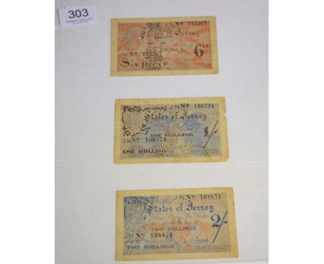 Jersey, 3 x WW11 Issue Banknotes comprising: Six Pence prefix JN, issued April 1942 to February 1945, creases & small edge te