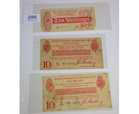 3 x Treasury 10 Shilling Notes, all Bradbury & comprising: (1) First Issue (Aug 1914), prefix A, NO with dash (A/4 398551), c