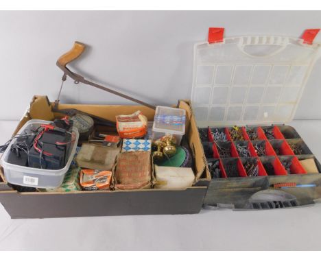 Various tools and advertising tins, hammers, Ronocaro floor polish tin, 10cm diameter, automobilia, etc, angle fret saw, etc,