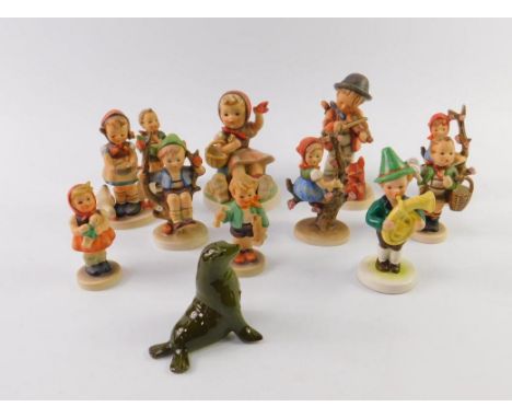 Hummel figures including Farewell 65/1, Puppy Love 1, Apple Tree Boy and Girl, Goebbel musician and a sea lion pepperette, (1