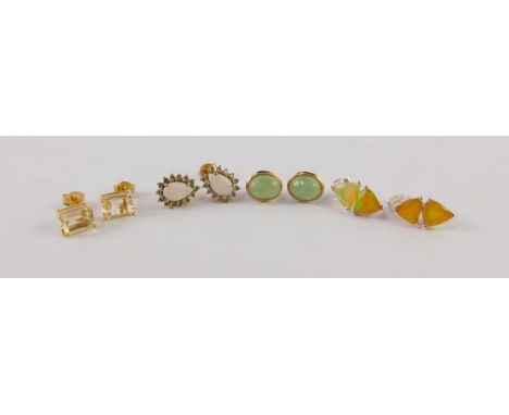 Four pairs of silver and gold earrings, to include a pair set with jade, citrine, opal and green stone clusters and two tier 