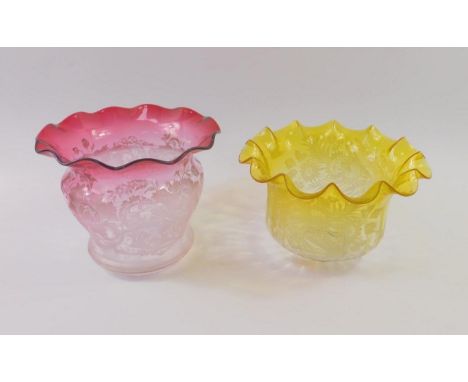 A Victorian yellow glass oil lamp shade, acid etched with flowers and birds, 13cm high, and a cranberry glass shade, similarl