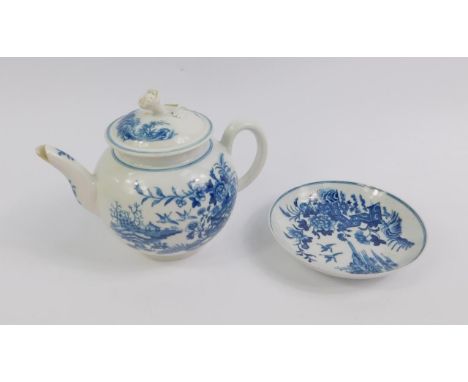 A Worcester First Period blue and white porcelain teapot, decorated in the Fence pattern, of globular form, blue crescent mar