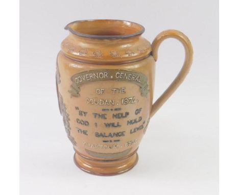 A Doulton Lambeth late 19thC stoneware jug decorated in tribute to General Gordon, central medallion portrait beneath a title
