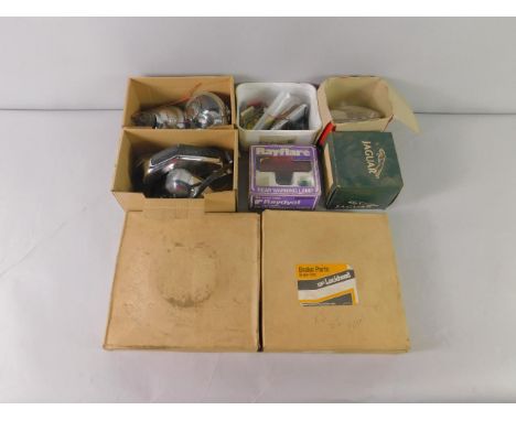 Various automobilia parts, interior mirror, AA badge, 13cm high, various light units, some boxed, to include for Jaguar, (qty