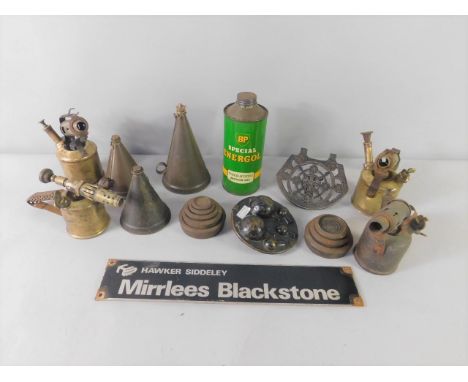 Various tools and other equipment, to include a vintage tin BP Special Enegol Motor Oil, 25cm high, various brass blow torche