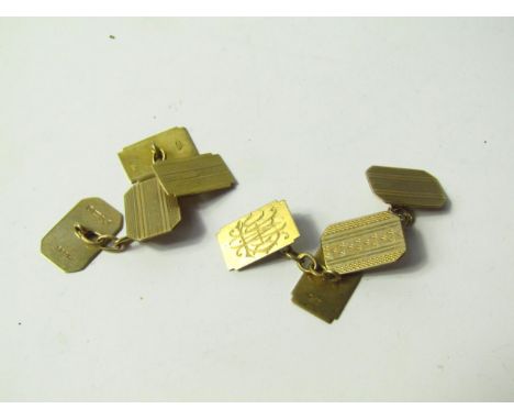 Two pairs of 9ct gold chain link cufflinks, with engine turned decoration, one pair monogram engraved, 7.5g.