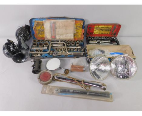 Various automobilia car parts, etc, chrome finish Lucas and other lights, 19cm diameter, etc, various Lockhead brake discs, e