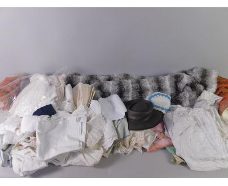 Various mid 20thC and lace works and other linen, part work tablecloth, faux fur, light shades, other part work linen, (qty).