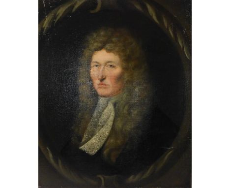 18thC English School.  Portrait of Sir John Hewley, 1619-1695, wearing a long powdered wig and with lace cravat and black gow