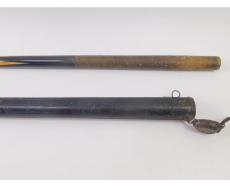 An early 20thC oak and ebony snooker cue, unnamed, cased.